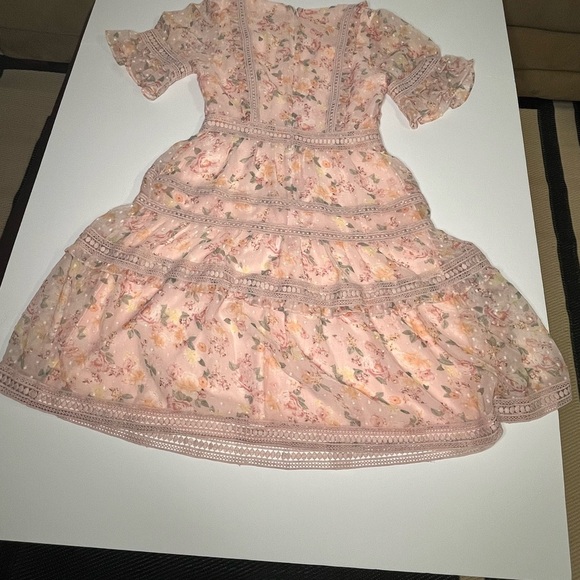 Rachel Parcell Mix Lace Fit Flare Mauve Pink Flutter Sleeve Midi Dress Small - Picture 9 of 11